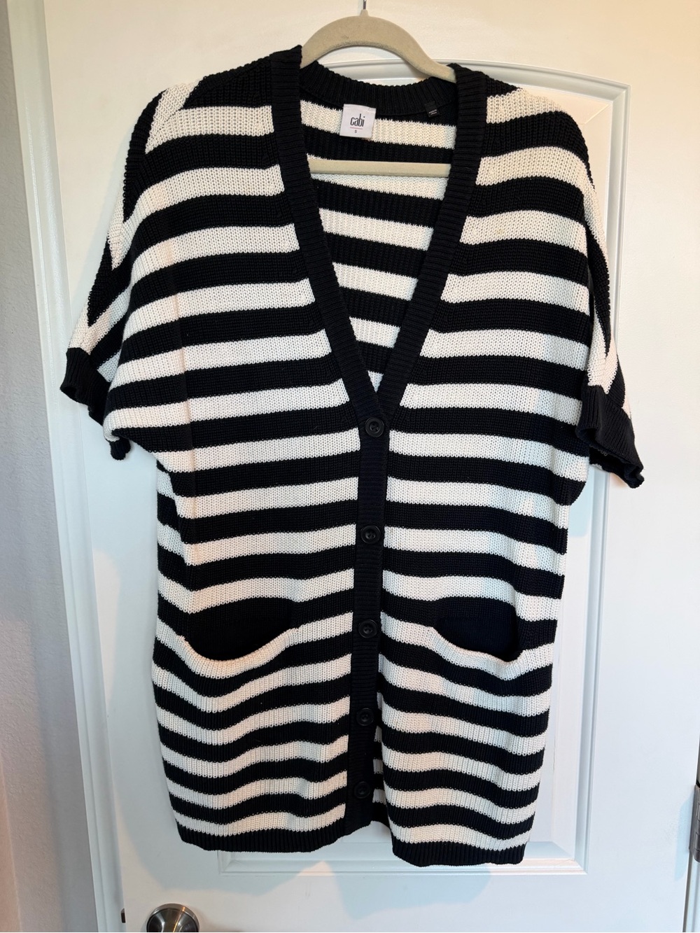 CAbi Black and White Striped Button-Front Cardigan